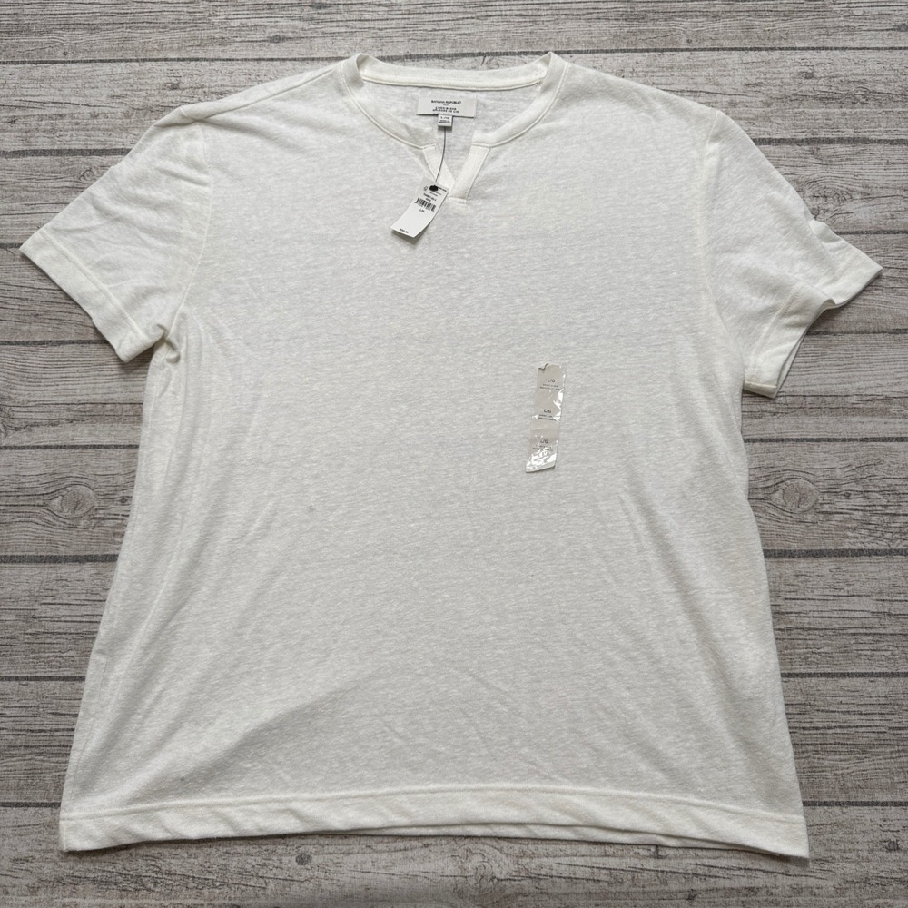 NEW Banana Republic T-Shirt Mens Large White Linen Blend Split Neck Short Sleeve